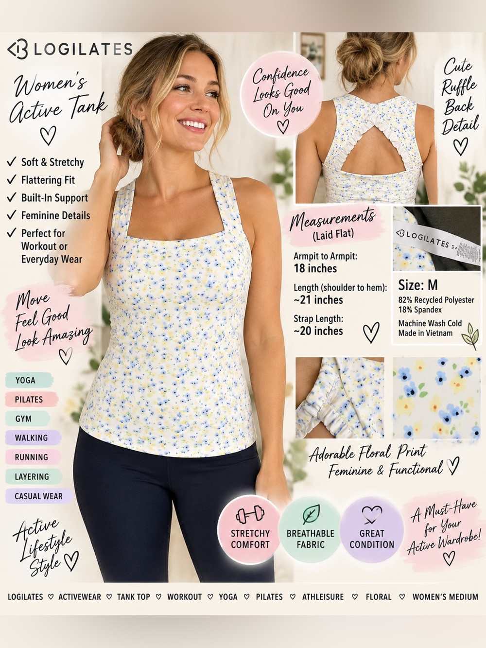 Square-Neck Floral Tank Top in White with Yellow & Blue Dots